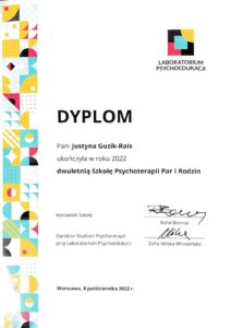 Dyplom ukończenia dwuletniej Szkoły Psychoterapii Par i Rodzin